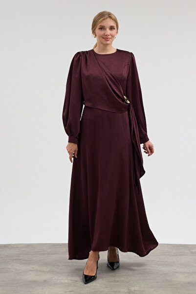 VAVİNOR Satin Evening Dress with Buckle Detail - Plum