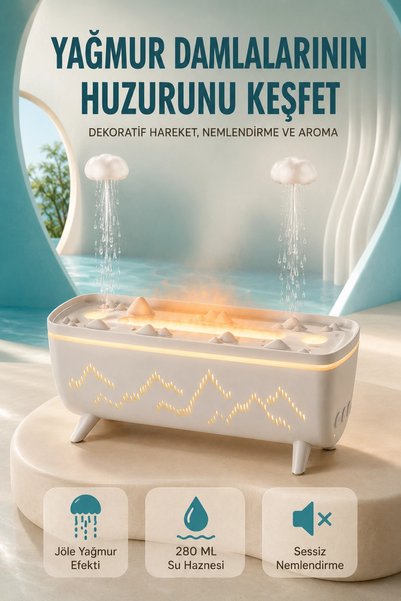 Mey İthalat® Dekoratif Hava Nemlendirici ve Aromaterapi Difüzörü 280 ML Yağmur Efektli Renkli LED Iş
