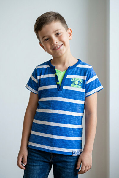 OEM Tricou baieti stil Henley cu maneca scurta si imprimeu marinar cu dungi, ...