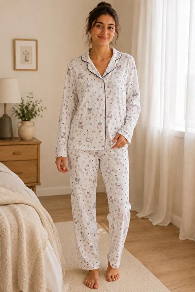 Starinci Mayo Women's Tiny Friends Patterned Ecru Pajama Set
