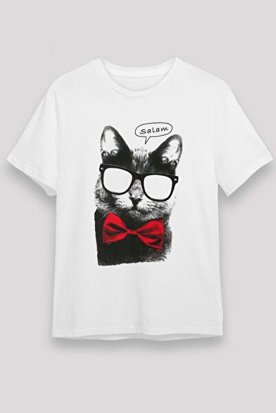 Darkhane Cute Cat Printed Unisex White T-Shirt with Bow Tie