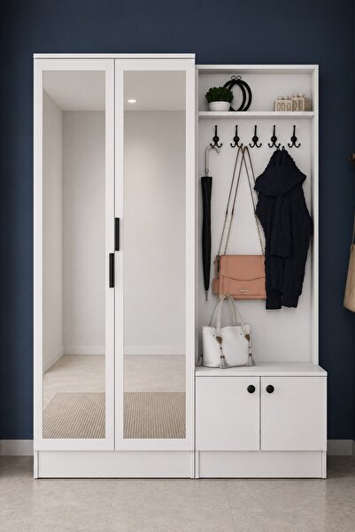 Rani Mobilya Rani EA175 Modern Portmanto 4 Kapaklı Aynalı Raflı Askılı Ayakkabılık Vestiyer Beyaz