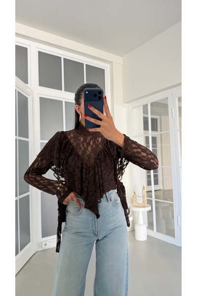 GAUS CO Acı Kahve Uzun Kollu Dantelli Bluz GAUS-01874