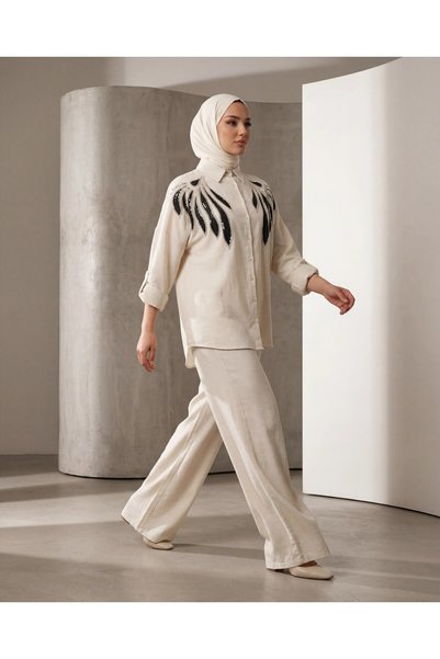 BURRASCA Pul Beaded Embroidered Oversized Linen Shirt