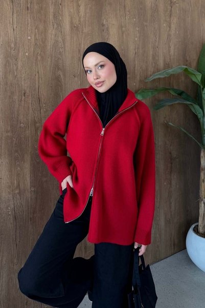 Şule Giyim Rosie Zippered Cardigan Red