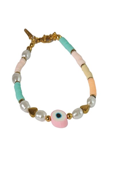 NO BRAND Βραχιόλι Eye with Colorful fimo beads &amp; pearls μεταλλικό ατσάλι ...