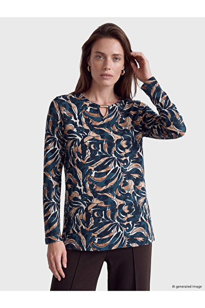 LC Waikiki Peak New Season Navy Blue Crew Neck Patterned Blouse