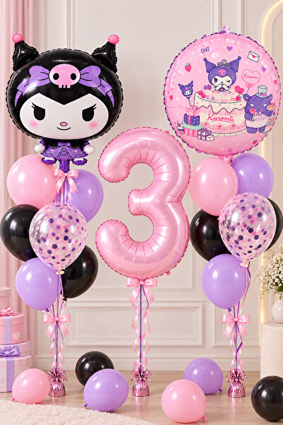 ALYA PARTİ Kuromi 3 Yaş Doğum Günü Balon Seti Rakam Folyo Balon Pembe Lila Si...