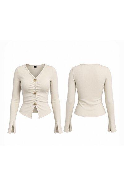 ns nirvana secret Women's Gathered Accessory Detailed Spanish Sleeve Slit Blouse
