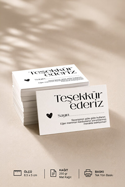 Teşekkür Kartı 30 Adet | İşletmeler İçin Paketleme Kartı Yatay | Tek Yön Baskılı 250 Gr Mat Kağıt