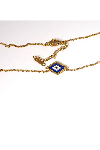 NO BRAND Κολιέ Μάτι ρόμβος μπλέ με χάντρες miyuki 18x12mm σε cross πλακέ χρυσ...