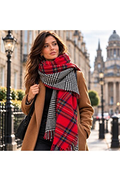 Aquasis Edinburgh Çift Taraflı Ekose ve Kazayağı Oversize Kırmızı Şal Atkı Om...