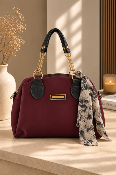 EBRUTESETTÜR Chain Detailed Hand and Shoulder Bag in Dark Burgundy