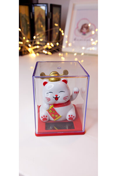 Maneki Neko El Sallayan Mini Şans Kedisi Beyaz Solar Güneş Enerjili-6x7 cm