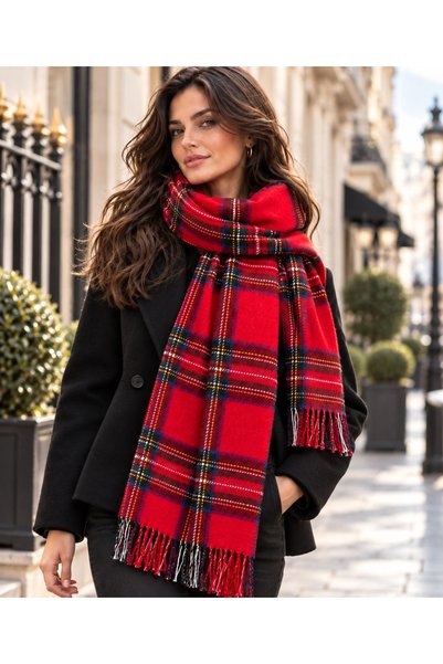 Aquasis Edinburgh Double Sided Scottish Plaid and Houndstooth Oversize Red Winter Shawl Scarf Shoulder Wrap |   76 X 190 cm |   Soft Textured, Tasseled
