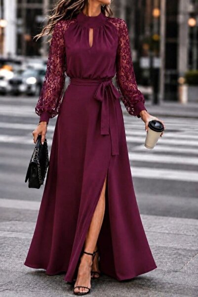 MERİDE Long Sleeve Turtleneck Detailed Long Janjan Crepe Dress 28006-2Xl/3Xl ...