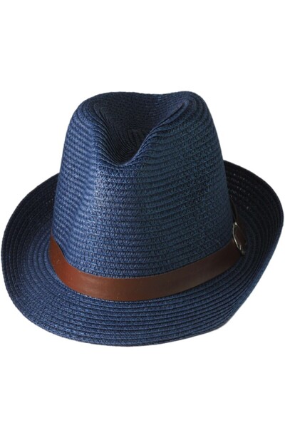 NO BRAND Καπέλο Ψάθινο τύπου Trilby One Size μπλέ navy με καφέ λουράκι 30x27cm