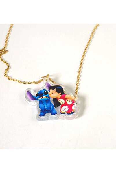 NO BRAND Κολιέ με Stitch & Lilo σε διάφανο glitter plexiglass 29x35mm σε cros...