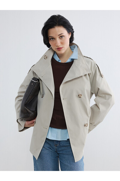 LC Waikiki Women's Gabardine Trench Coat with High Collar and Belt