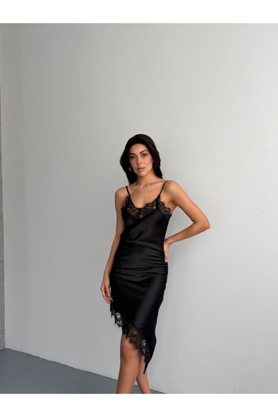 solena sln Kadın Asimetrik Kesim Dantelli Saten Bluz