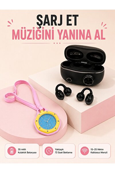 Kablosuz Kulaklık Seti ve Pembe Askılı Analog Charm Saat Günlük Kullanım Kampanyası