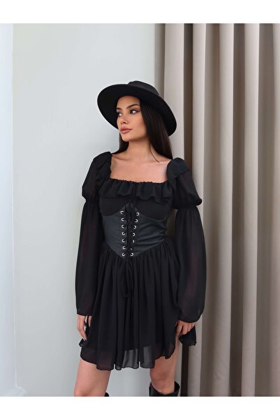 ESRAHELVACI Collar Ruffle Corseted Chiffon Mini Dress