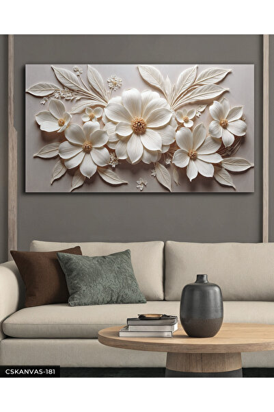 Evinemoda Dokulu Görünüm Beyaz Çiçek Tek Parça Kanvas - Canvas Tablo