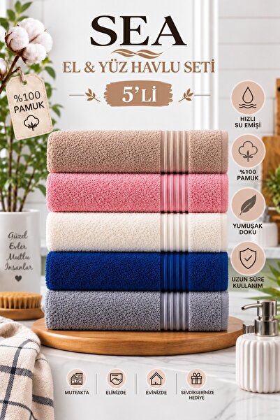 BAMİROSE 50 x 90 SEA 5'Lİ %100 PAMUK EL & YÜZ HAVLUSU, MUTFAK HAVLUSU, BAŞ HA...