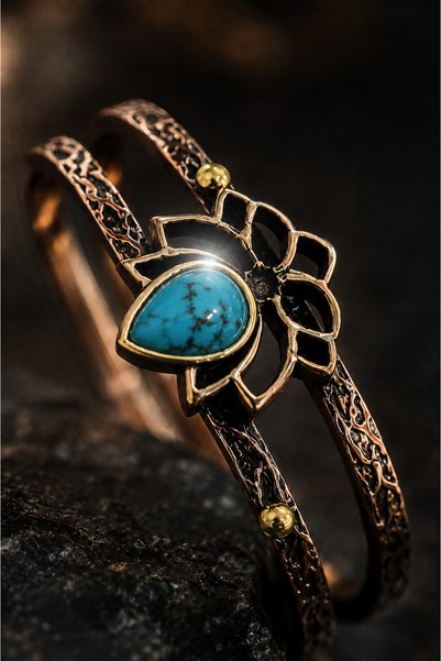 İyyaKee Turquoise Stone Flower Motif Pure Copper Women's Bracelet Handmade Adjustable Clasp