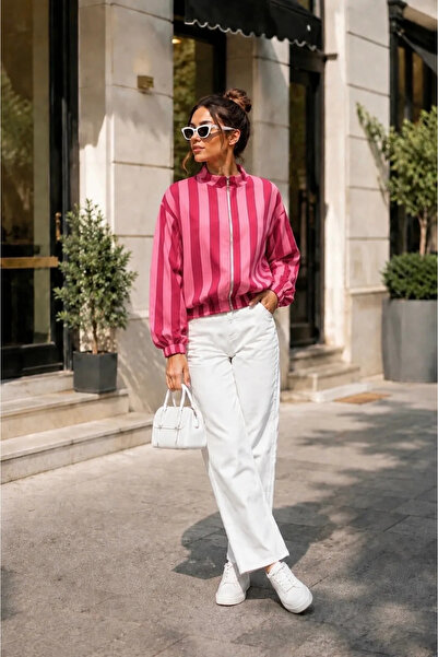 Moda Algan Çizgili Lastikli Bomber Ceket MA10069 Pembe