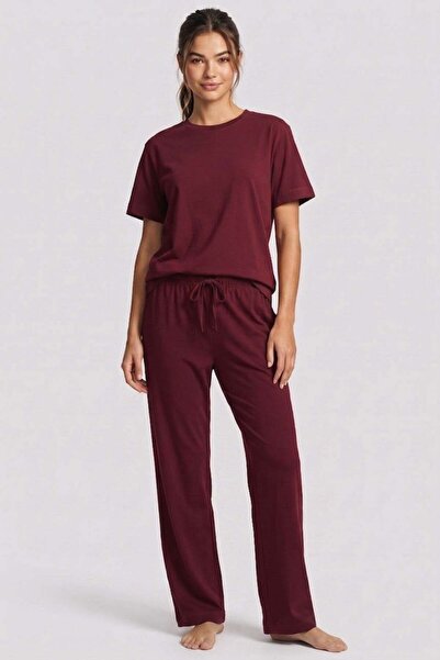 Brix Set de pijamale pentru femei, 100% bumbac, cu mânecă scurtă, culoare bur...