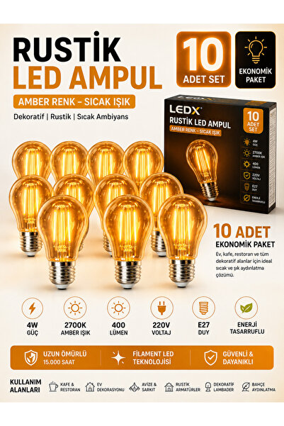 LEDX 10 ADET KIRILMAZ RUSTİK LED AMPUL 4W AMBER IŞIK 400 LÜMEN E27 DEKORATİF ...