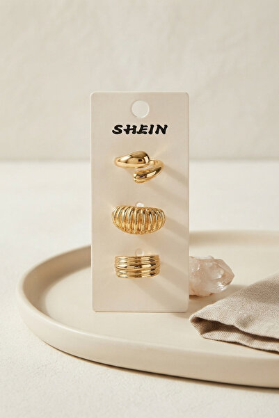 evimdeyokyok Gold Color Brass 3-Piece Vintage Women's Ring Combination Byk429...