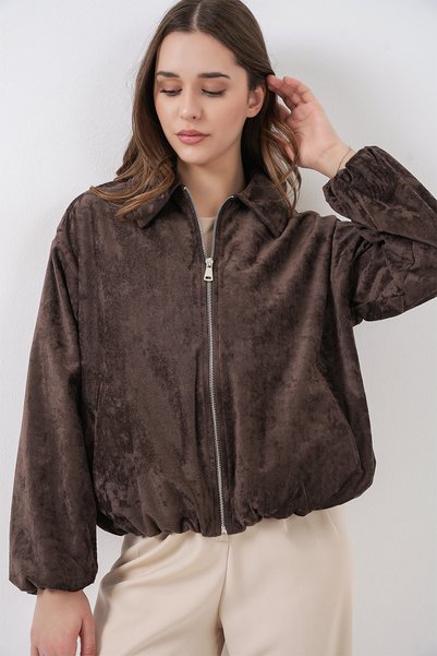 Merterium Women's Drawstring Oversize Velvet Jacket 1593 - Brown