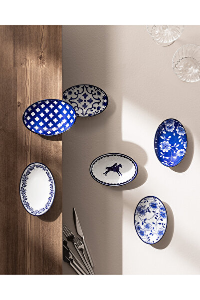 Madame Coco Reve Bleu Raye Oval Tabak Seti - 15 cm - Mavi/Beyaz