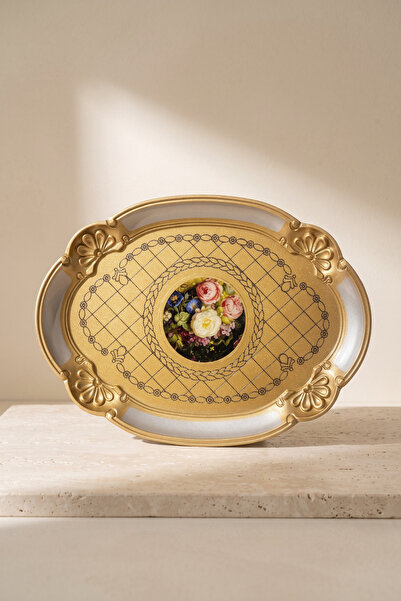 Sevinse Home ZÜHRA Ahşap Gold-Gümüş El Boyama Oval Tek Kişilik Kahve Sunum Te...