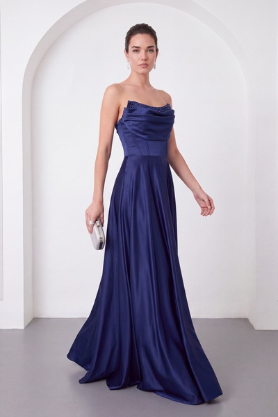Lafaba Women's Navy Blue Strapless Stone Embellished Long Evening Dress