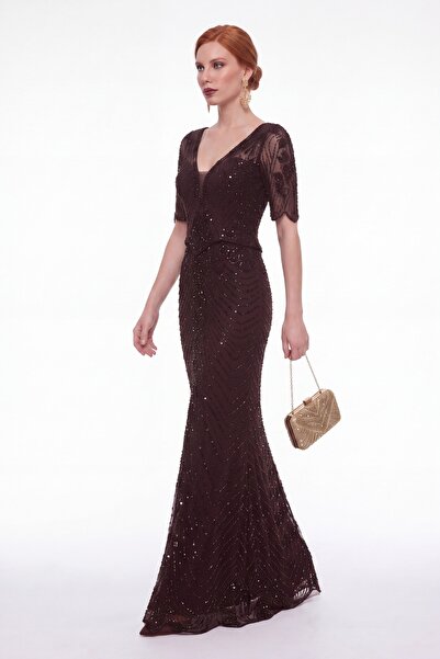 Lafaba Women's Brown V-Neck Short Sleeve Stoned Long Evening Dress