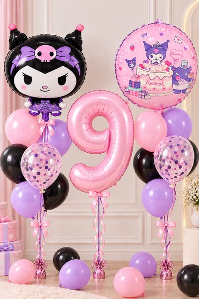 ALYA Party Kuromi 9Th Birthday Balloon Set Number Foil Balloon Pink Lilac Bla...