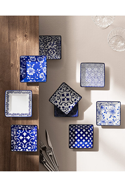 Madame Coco Reve Bleu Mais Kare Tabak Seti - 12 cm - Mavi/Beyaz