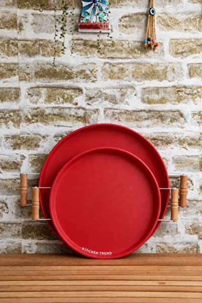 hemlife Kitchen Trend Set of 2 Round Metal Trays with Wooden Handles 37-30 cm...