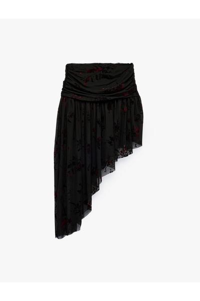 Koton Drapeli Asymmetrical Velvet Floral Patterned Tulle Skirt