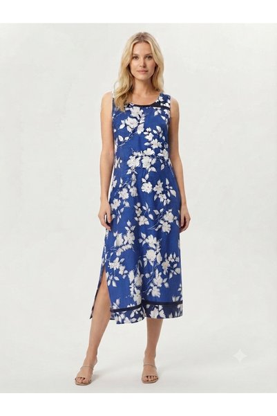 ENGIN Women's Blue and White Linen Look Viscose Gilet Dress