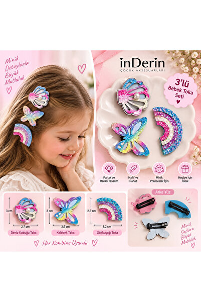 İnDerin Bebek Saç Tokası Seti 3’lü – Renkli Simli Mini Toka