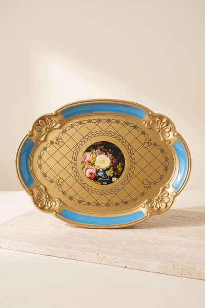Sevinse Home Zühra Wooden Gold-Blue Hand Painted Oval Single Coffee Presentat...