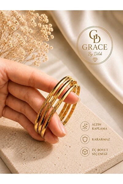 GRACEbyDilek 3 ADET ÇELİK ÜZERİ 14k ALTIN KAPLAMA BOMBELİ AJDA BİLEZİK (KARAR...