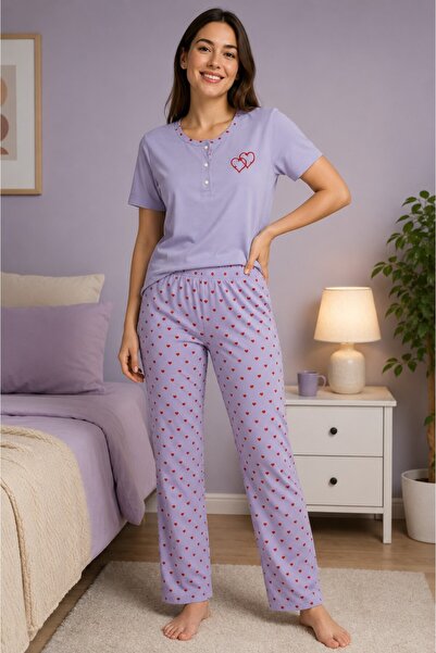 Mimoza Kadın Lila Kısa Kollu Düğmeli Üst Kırmızı Kalp Desenli Pamuklu Pijama ...