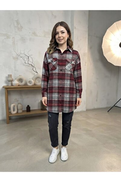 Polologin Butik Kadın Bordo Kareli Oduncu Gömlek Klasik Yaka Rahat Kesim