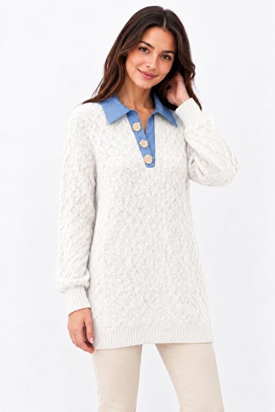 ikomteks Women's Denim Collar Button Detailed Knitted Knitwear Tunic