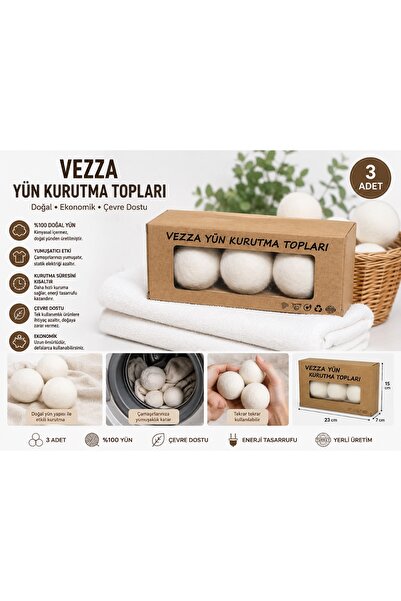 %100 Doğal Yün Kurutma Topu 3’lü – Çamaşır Kurutma Makinesi Topu, Yumuşatıcı Etkili, Tekrar Kullanıl